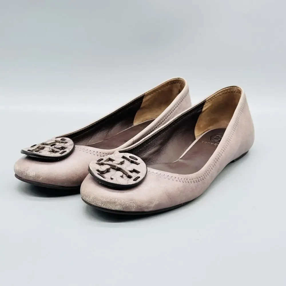 Tory Burch Shoes Womens 6 Gray Leather Slip On Ballet Flats Logo Medallion